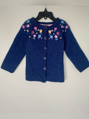 JoJo Maman Bebe Floral Embroidered Navy Blue Lambswool Cardigan